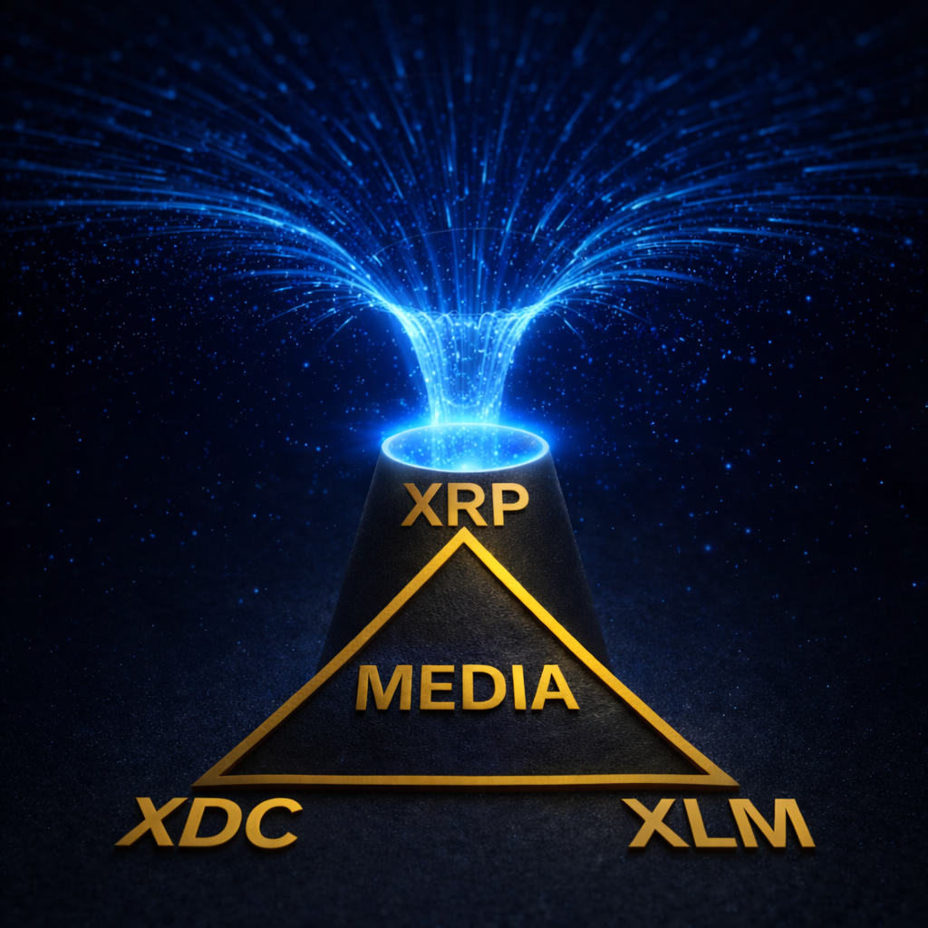 Blue-black hole portal opening into the top of a gold triangle, representing entry into the XRP media, interconnected with XDC and XLM to support the token economy.